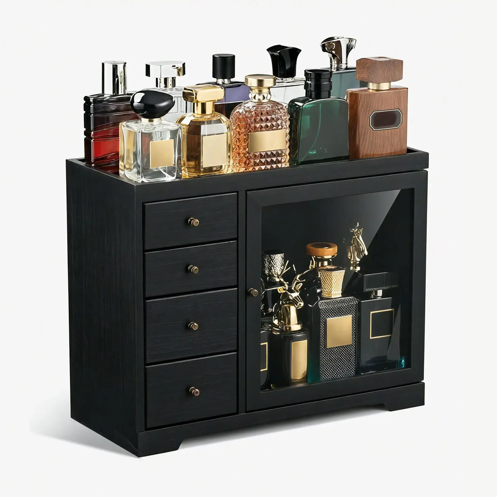 Emfogo Cologne Organizer for Men, 5-Tier Wooden Perfume Organizer with Dustproof Acrylic Door and 4 Drawers, Large Capacity Cologne Stand for Dresser, Gift for Him