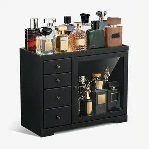 Emfogo Cologne Organizer for Men, 5-Tier Wooden Perfume Organizer with Dustproof Acrylic Door and 4 Drawers, Large Capacity Cologne Stand for Dresser, Gift for Him