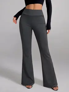 Women's High Waisted Flare Yoga Leggings, Textured Bootcut Workout Pants with Pockets (Dark Grey)