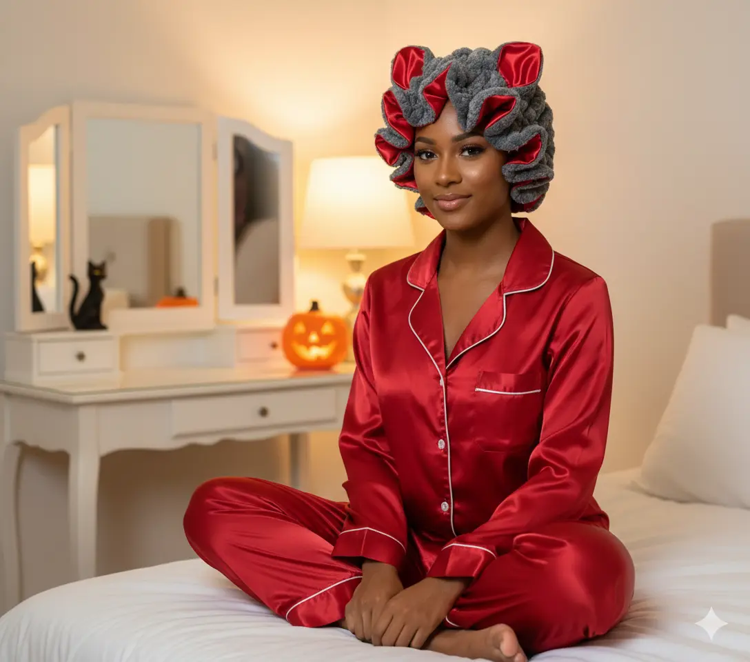 Plush Teddy Bear Bonnet with Smooth Satin Lining - Grey & Red Stylish Hair Accessories Providing Soft Warmth, Ideal for Long Braids, Hair Cap, Lightweight, Heatless, Rollers, Curly Hairstyles, Medium Braids, Wear Over Head, Haircare, Overnight Styling Too