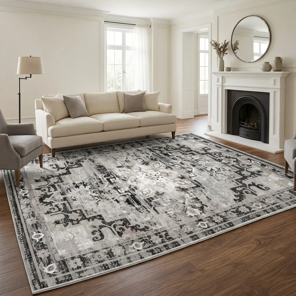 RUGIXE Faux Cashmere Washable Gray Black Vintage Area Rug 5x7 8x10, Heavyweight Soft Low Pile Rug with TPR Non Slip Backing, Foldable Durable Persian Oriental Carpet for Living Room Bedroom Office Dining Room