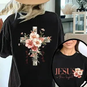 Aesthetic Floral Christian T-Shirt | Premium 100% Cotton Heavyweight Tee | “Christ is the Light” Bible Verse Apparel | Vintage Religious Cross Floral Gift for Her | Soft Breathable Faith Based Streetwear