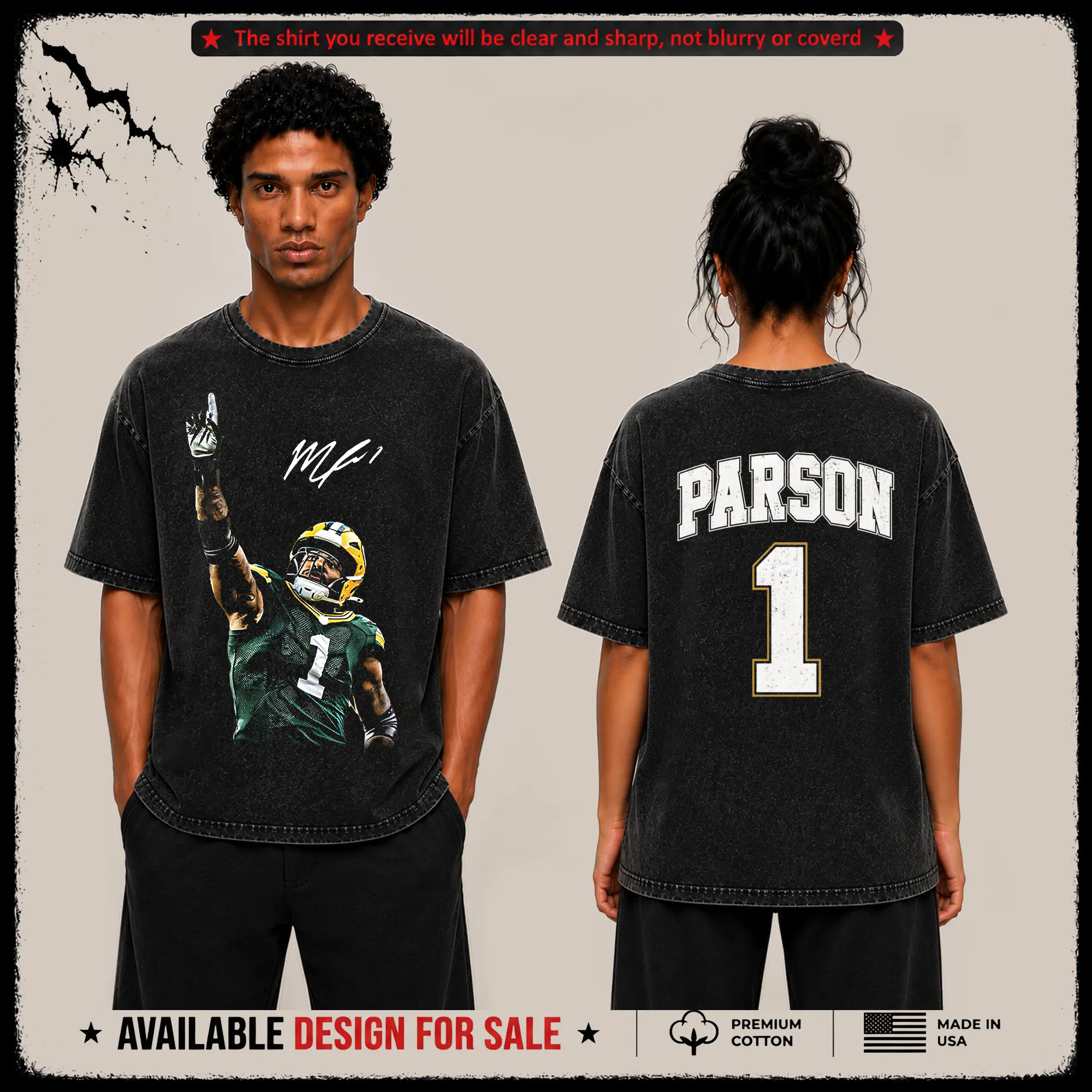 [X-26] Micah Parson 1 Aura Graphic Premium Acid Washed T-Shirt, Packers Football Fans Fits High Quality 100% Cotton Shirt, Packers Nation, Cheeseheads Outfit, Gift for Football Fans, Boyfriend