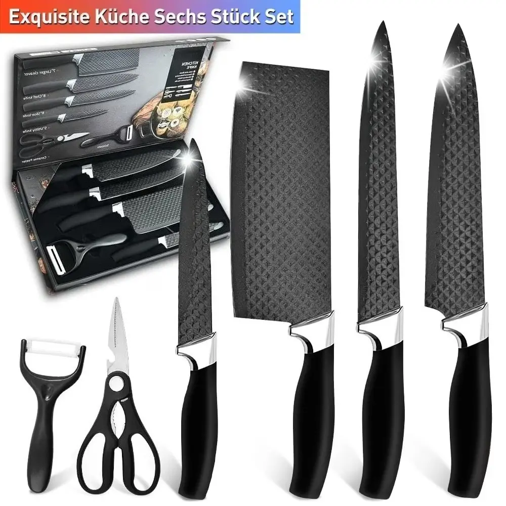 Professional 6-Piece Kitchen Knife Set: chef’s knife, slicing knife, scraper, scissors, high carbon stainless steel—super sharp—with non-stick ergonomic wooden handles. Chef’s knife set suitable for family travel, gift box set, creative party favors.