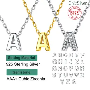 ChicSilver S925 Silver Initial Necklace Letter A to Z Alphabet Plain Dainty Tiny Elegant Casual Daily 925 Sterling Silver Cubic Zirconia Necklace Summer Vibe Gift for Women