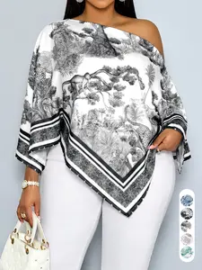 New Summer Casual Elegant Women's Printed Plus Size Blouse, Asymmetrical Hem Batwing Sleeves, Loose Fashion Shirt, Versatile Daily Wear