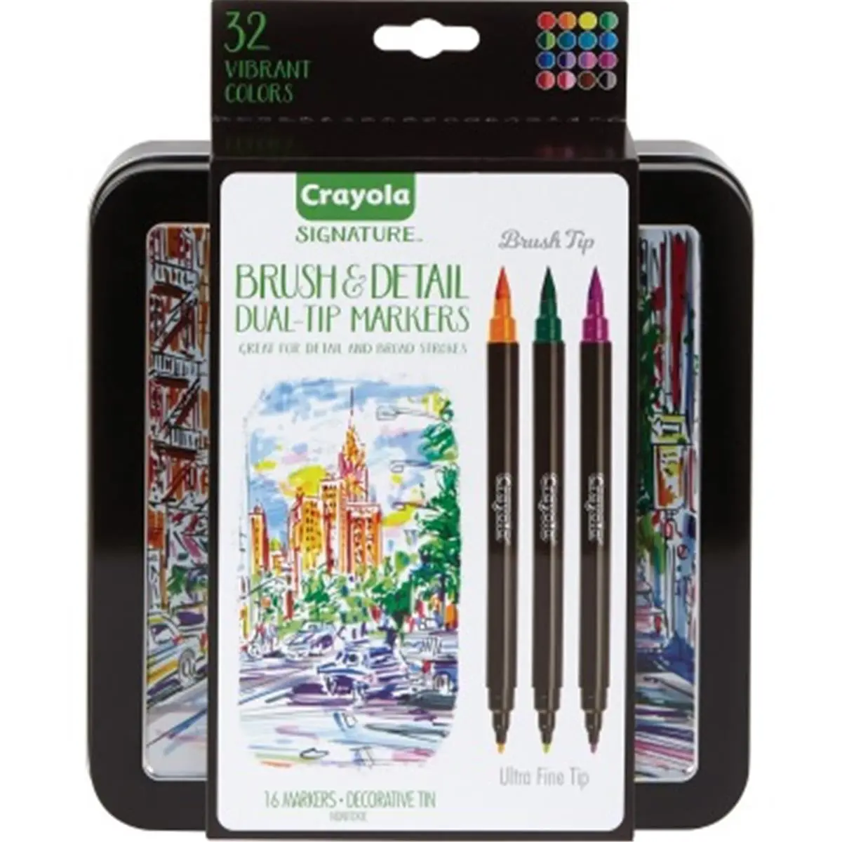 Crayola Dual-Ended Markers - 16 Assorted Colors Set, Blendable Brush & Ultra-Fine Tips, Decorative Tin, Office Stationery Writing & Correction Tools
