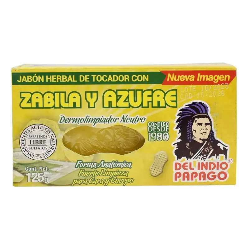 Jabón herbal con sábila y azufre /Herbal Soap bar with aloe and sulphur with vegetable pasta / Del Indio Papago