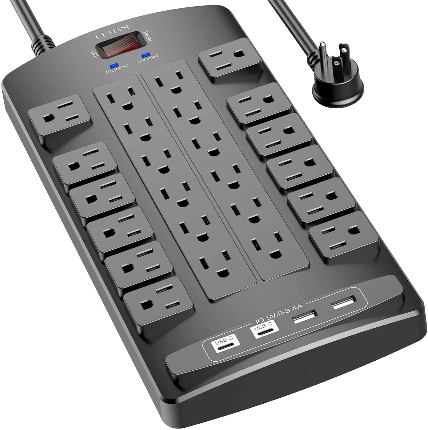 Surge Protector Power Strip - 6Ft Flat Plug Heavy Duty Extension Cord with 24 Outlets and 4 USB Ports(2 USB-C Ports), 1875W/15A, 4100J, for Home, Office, Dorm, ETL Listed, Black