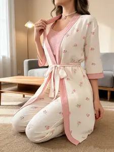 Women's Sexy V Neck Trim Sleepwear Set, 3 Piece Comfortable Homeewear, Breathable Soft Fabric, Long Sleeve Tank Top, Spring & Fall