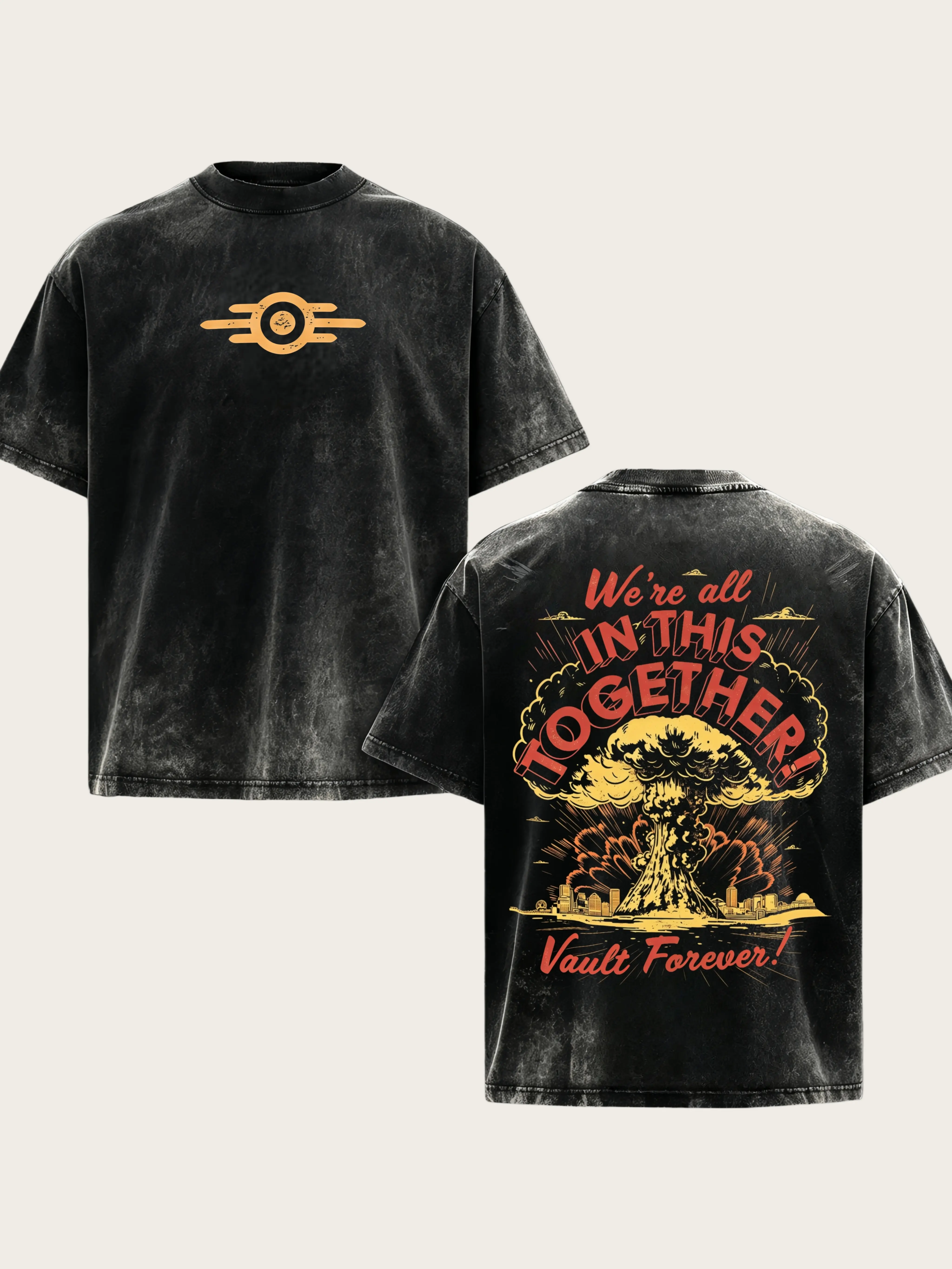 YoungFlame Men's Fallout Vault Acid Wash Round Neck Short-Sleeve T-Shirt - 100% Heavyweight Cotton, Wasteland Aesthetic Graphic, 2026 Summer Streetwear, Casual Outdoor Top, Machine Washable Outdoors Apparel Gift for Him, Shortsleeve, Contemporary, 2026 Su