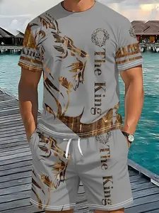 3D Digital Printed Two-Piece Set with Golden King Lion Pattern, 2Pcs, Festive Trendy Fashion Suit, Retro Casual Two-Piece Outfit, Vacation-Style Trendy Wear, Breathable Sports Casual Style, Perfect Festival Gift for Men, Clothes