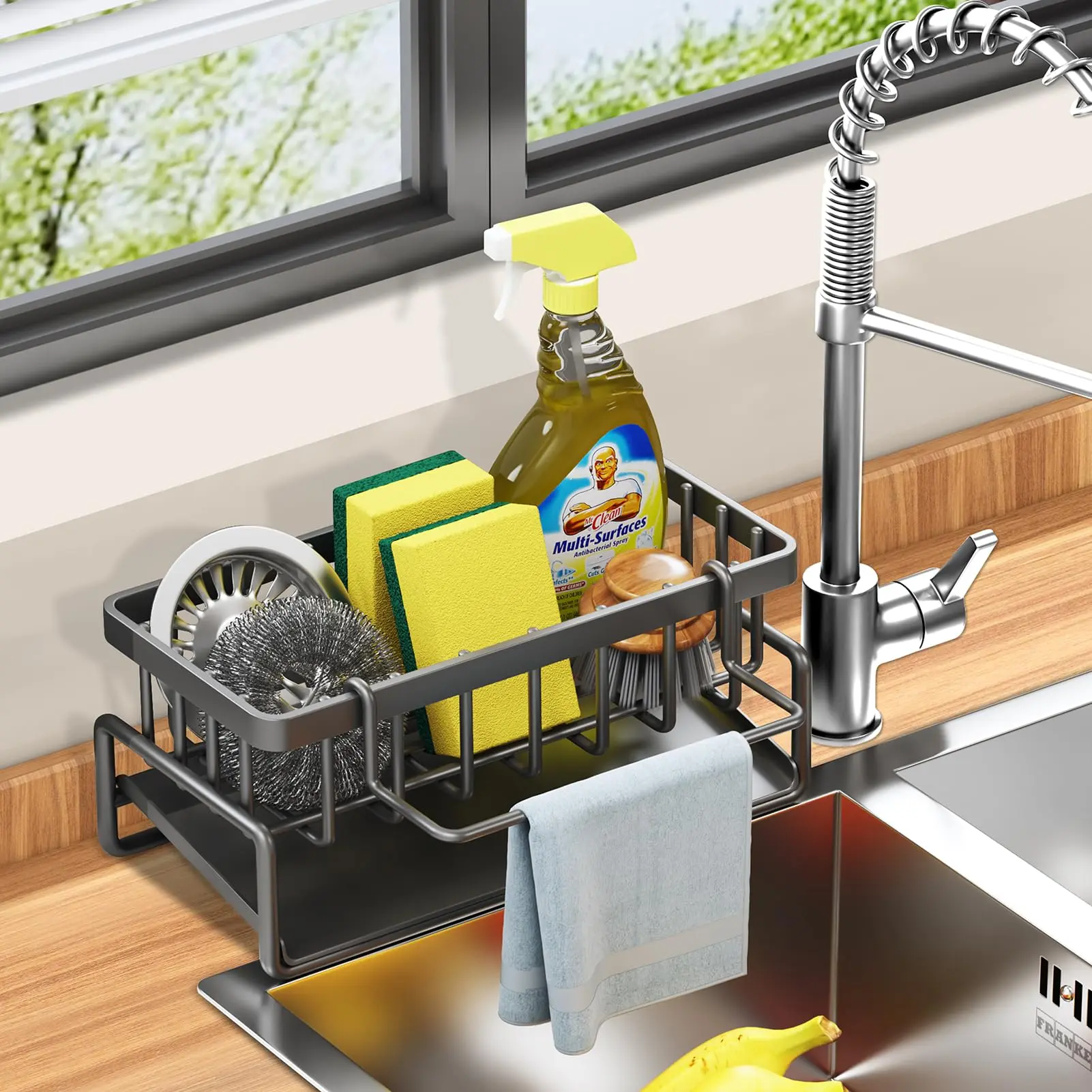 Durable Rectangle Kitchen Sink Sponge Holder - Rustproof Steel Self-Drainage Organizer with Removable Dishcloth Rack, Soap Dispenser, Brush Holder for Home Decor, Black