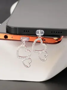 Diamond Heart Phone Dust Plug Charm Pendant for Apple Type-C Oval Interface, Casual Style, All Seasons Accessory