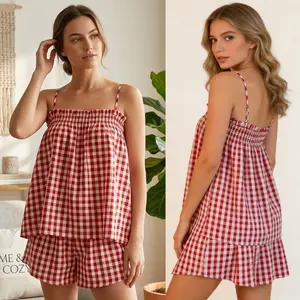 Women's 2 Piece Lounge Outfits Sleeveless Plaid Cami Tank Tops Wide Leg Shorts Sets