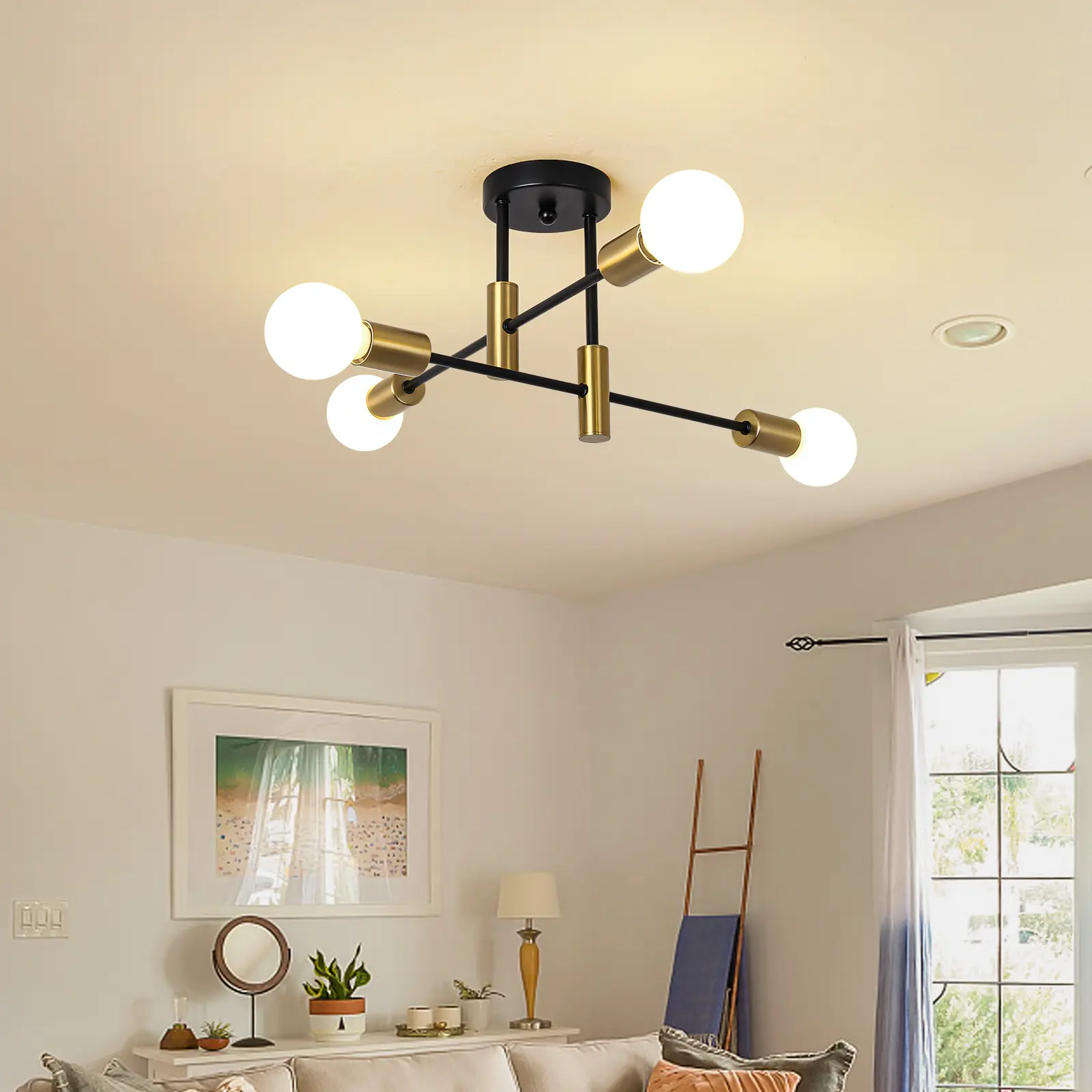 4-Light Dimmable Mid-Century Rustic Black Gold Sputnik Metal Frame Chandelier, Industrial Semi-Flush Mount Contemporary Indoor Ceiling Light for Dining Room, Balcony