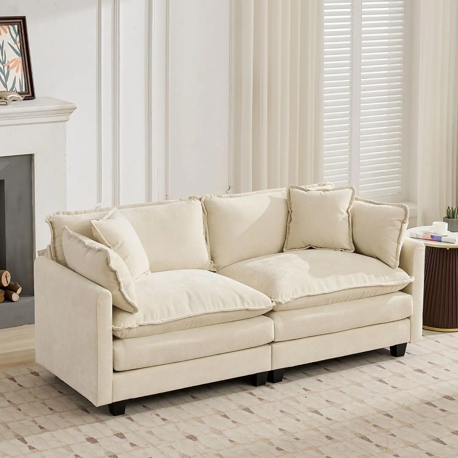 Modern Modular Sectional Sofa, 78" Upholstered Chenille Loveseat Comfy 2-Seater Sofa, Oversized Deep Seat Fluffy Cloud Couch with 2 Throw and Arm Pillows for Living Room Bedroom Office, Beige