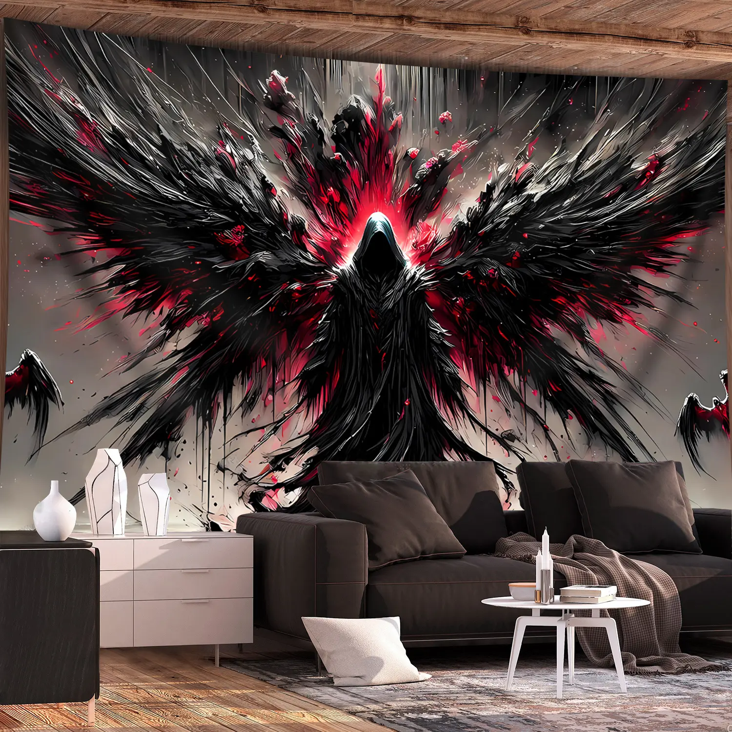 1pc- Ultra Large Size- Shocking Black Robe Wings Landscape Photo Huge Digital Printing Tapestry, Aesthetic High-Definition Printing Polyester- for Living Room Bedroom Party Decoration- with Free Hanging Clips Wall Decoration