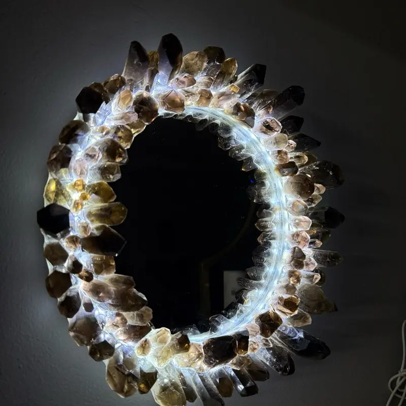 Smokey Quartz Mirror 12"x12" Light Up Crystal Decor with USB Cord for Meditation Spaces Home Accents Unique Gifts for Crystal Lovers Grounding Protective Energies Hanging Wall Mirror