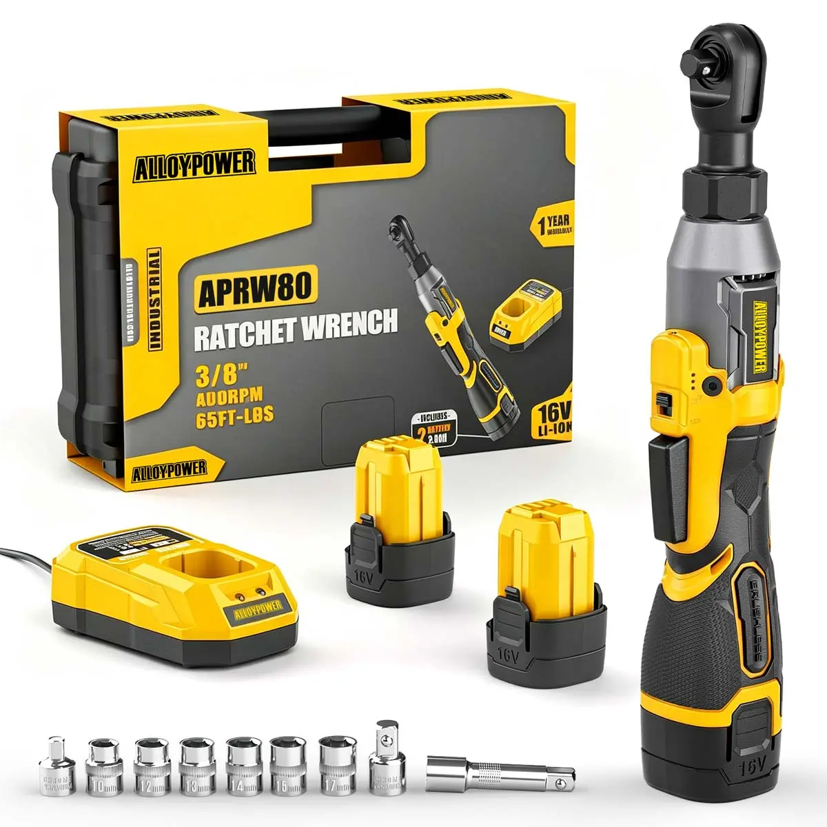 Cordless Ratchet Wrench, 3/8" 16V Brushless 65 ft-lbs, 2 Batteries | Drop-resistant alloy body,6 sockets (10-17mm), 1/4" & 1/2" adapters, 3" extension bar, fast charger, built-in LED, 0-400 RPM