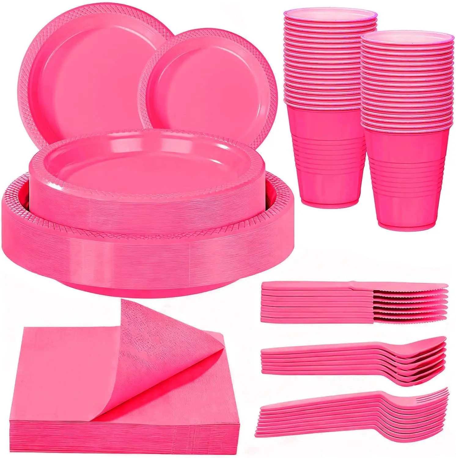 WELLIFE 210Pcs Hot Pink Plates, Disposable Dinnerware Set, Including Hot Pink Plastic plates, 12oz Cups, Plastic Cutlery and Napkins Serve 30 Guests, Plastic Plates for Party and Valentine,Galentines