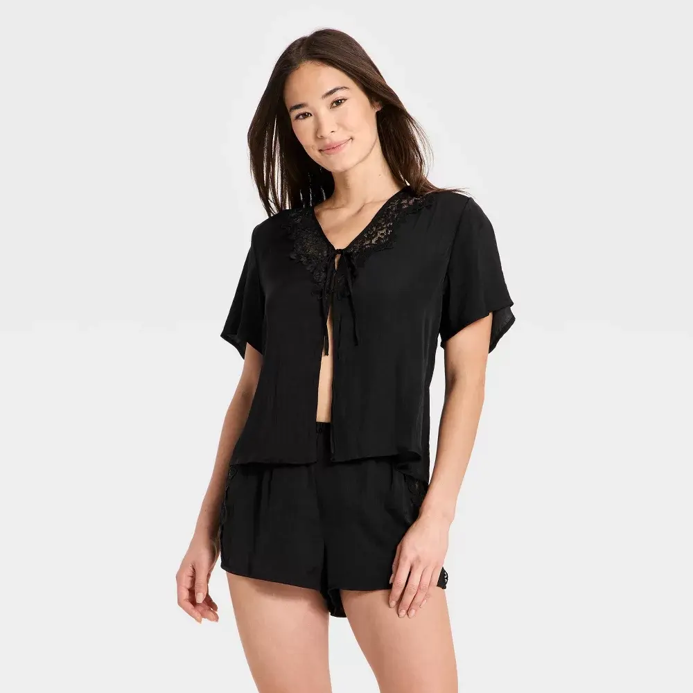 Women's Lace Trim Satin Fly Away Top and Shorts Pajama Set - Auden Black XS