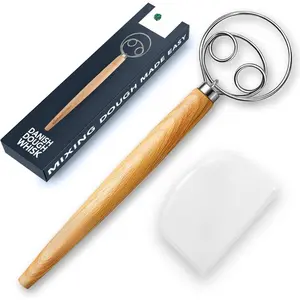 13 Inch Danish Dough Whisk with Dough Scraper, Dutch Bread Whisk with Stainless Steel Dough Hook, Sourdough Whisk for Baking, Bread Whisking Tool