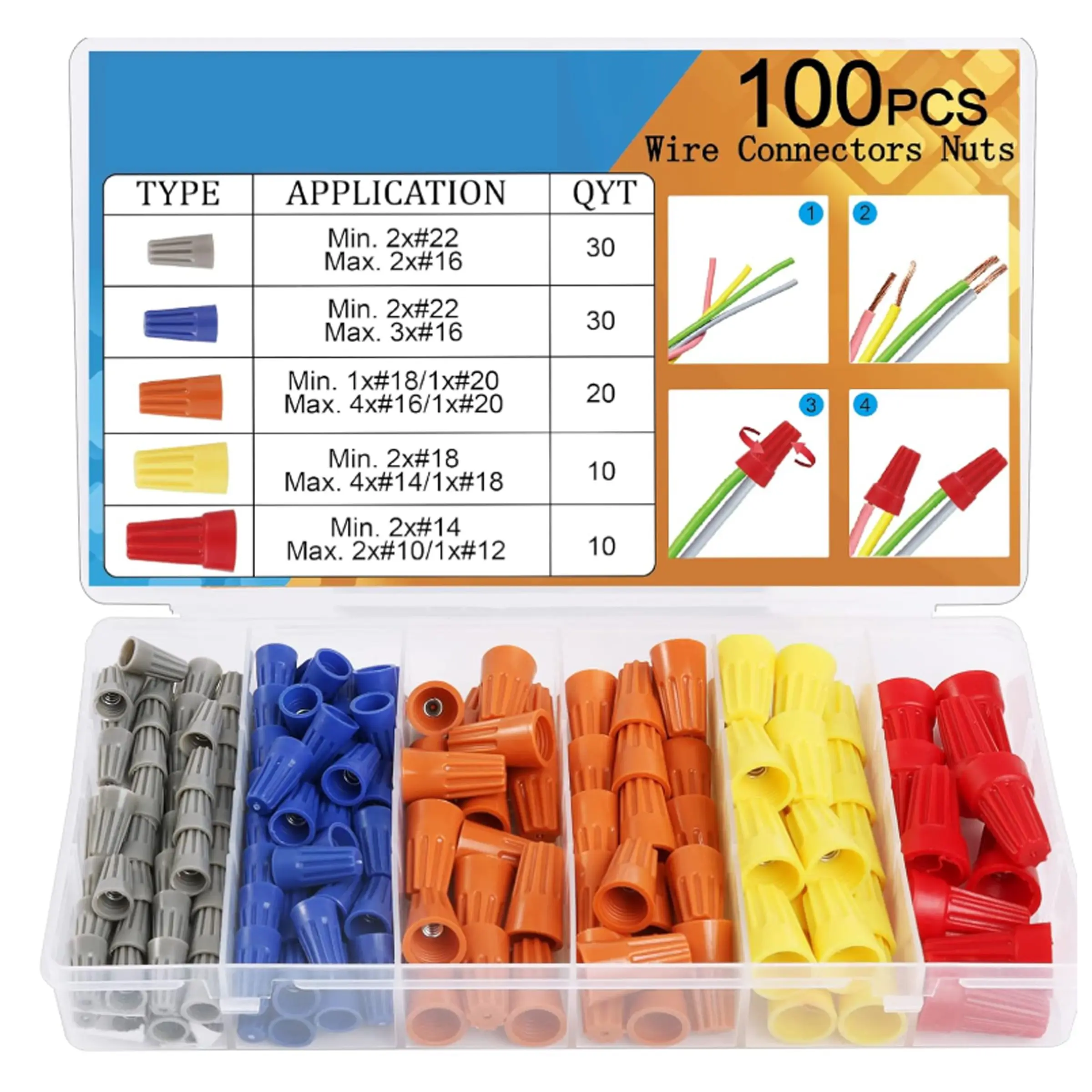 100PCS Wire Connectors Nuts Electric Wire Caps Insulating Insert Twist Electrical Wire Connectors Wire Terminal Connectors Colorful Wire Assortment Nuts for Quick Connection Universal Connector Durable Reliable Connectors