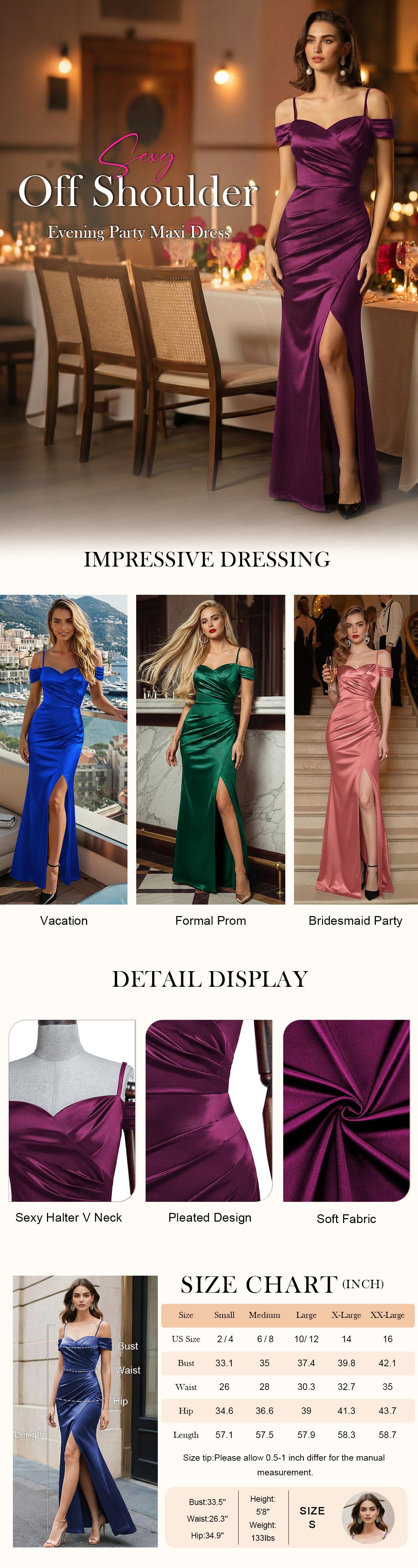 Miusol 53300 Women's Off Shoulder Satin Maxi Dress with High Split & Ruched Design for Formal Evening Parties Weddings Sleeveless Spaghetti Strap Minimalist Style Homecoming dress SpringStatements