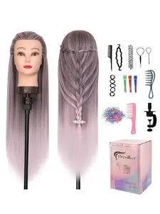 28 Inch Long Straight Hair Training Head with Table Clamp & Tools, Synthetic Hair Styling Head, Hairdressing Head for Braiding