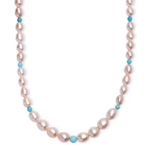 Pink Freshwater Pearl and Sleeping Beauty Turquoise 2.70 ctw Necklace in Rhodium Over Sterling Silver 18 Inches Christmas Gifts