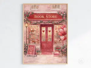 [Sale off up to 50%] [Free ship] [No Frame] Valentine Bookstore Art Print, Romantic Bookshop Wall Art, Pink Valentine Decor, Cozy Book Lover Art, Printable Valentine