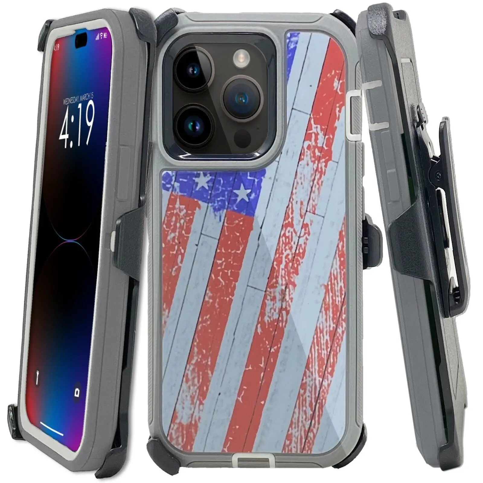 USA Flag Rugged Defender Case Cover For Apple iPhone 17 / 17E / 16 / 16E / 15 / 14 / 13 / 12 / Plus / Pro / Pro Max / Shockproof Heavyduty Protection With Belt Clip Phonecase