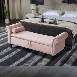 63" W Velvet Storage Bench for Bedroom, Tufted Storage Ottoman Bench with Solid Wood, Rolled Arm Window Couch Seat for Living Room, Hallway, End of Bed