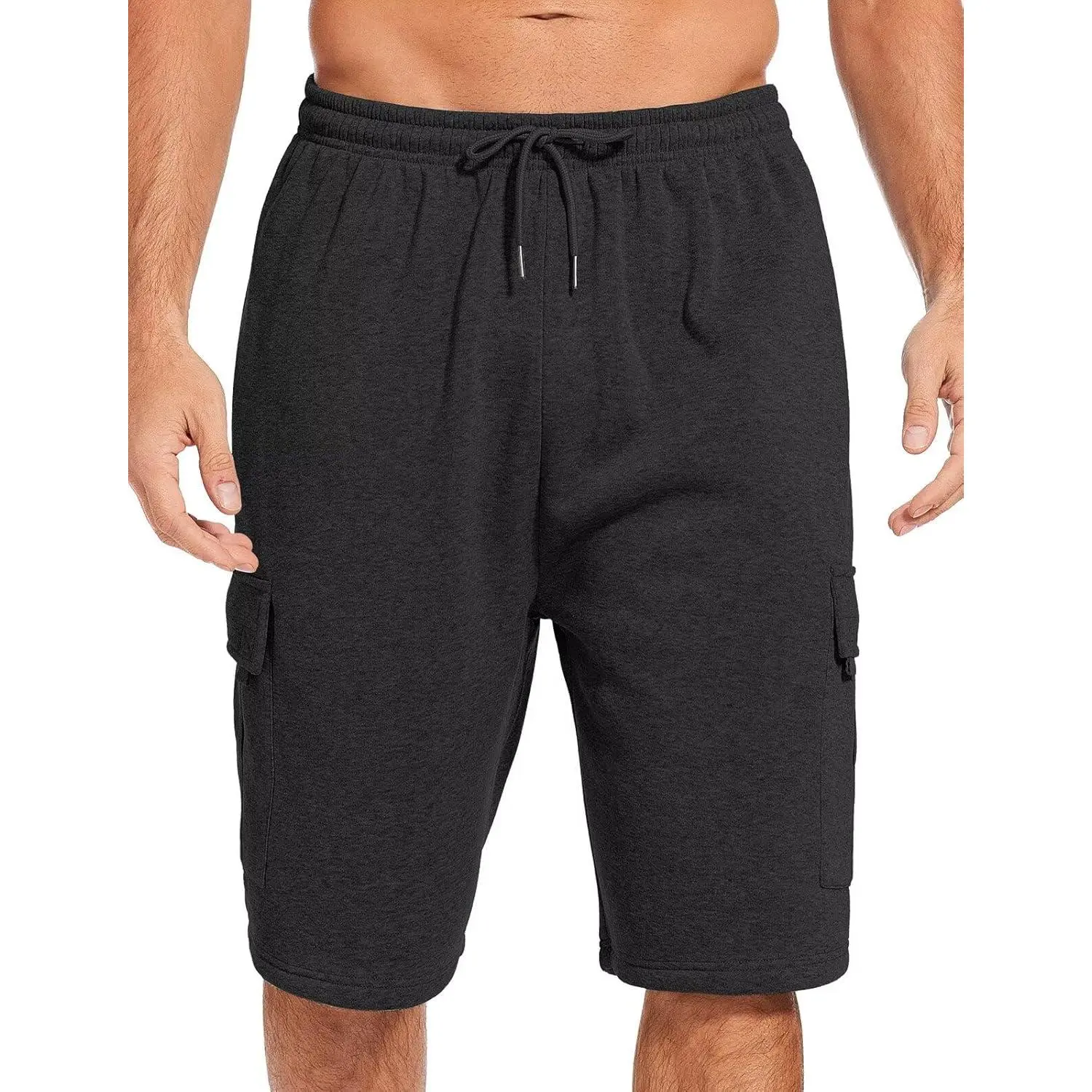 Men's Cargo Sweat Shorts in Athletic Polyester Fleece with 5 Pockets and an Elastic Drawstring Waist for Gym and Summer Wear, Sweat Pants, Menswear, Active Sports, Fleece Fabric, Casual, Cycling