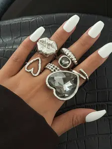 7 Piece Luxury Minimalist Acrylic Gem Heart Ring Set, Stackable Joint Rings for Cold Style, Daily Luxe, Blogger Look, Metal Accessories, Heart Shaped Ring, Statement Rings