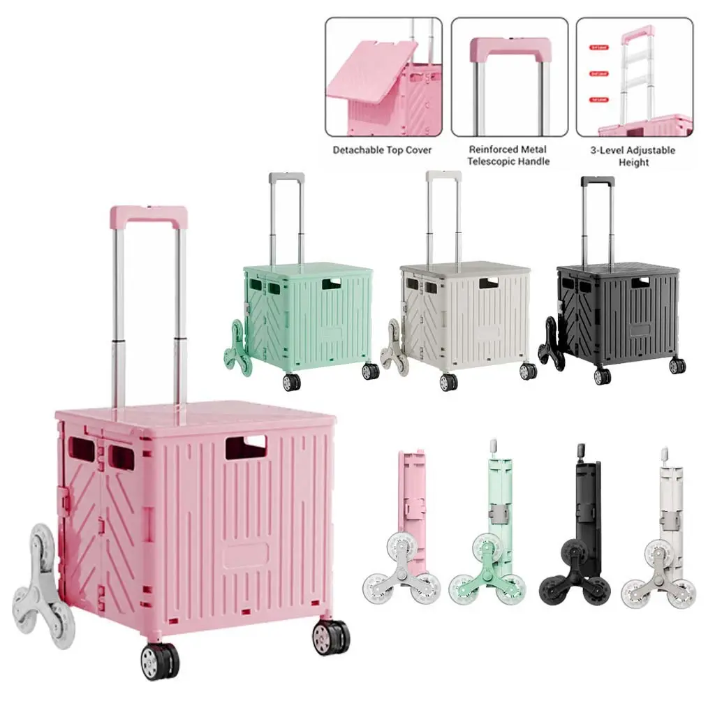 65L Foldable Utility Rolling Cart - Stair-Climbing Grocery Hand Trolley with Quiet 360° Swivel Wheels, Telescoping Handle for Shopping, Home, Office Use