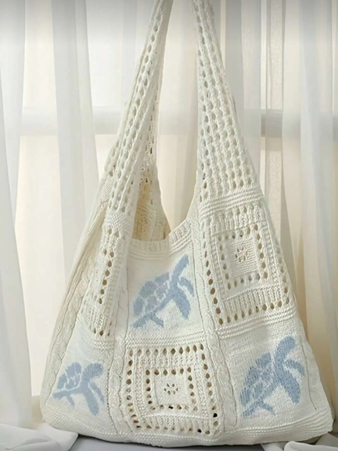 Women's Boho Style Polyester Material Summer Beach Handbag, Fashionable Bohemian Bag, Turtle Pattern Crochet Design Large Capacity Open Top Bag, Beach Tote, Fashionable Bags