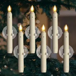 6 Pcs Window Candles with Sensor Dusk to Dawn, Ivory Striped Candlesticks with Suction Cups, Roman Column Christmas Window Candle Battery Operated, Flameless Led Taper Candles for Windows