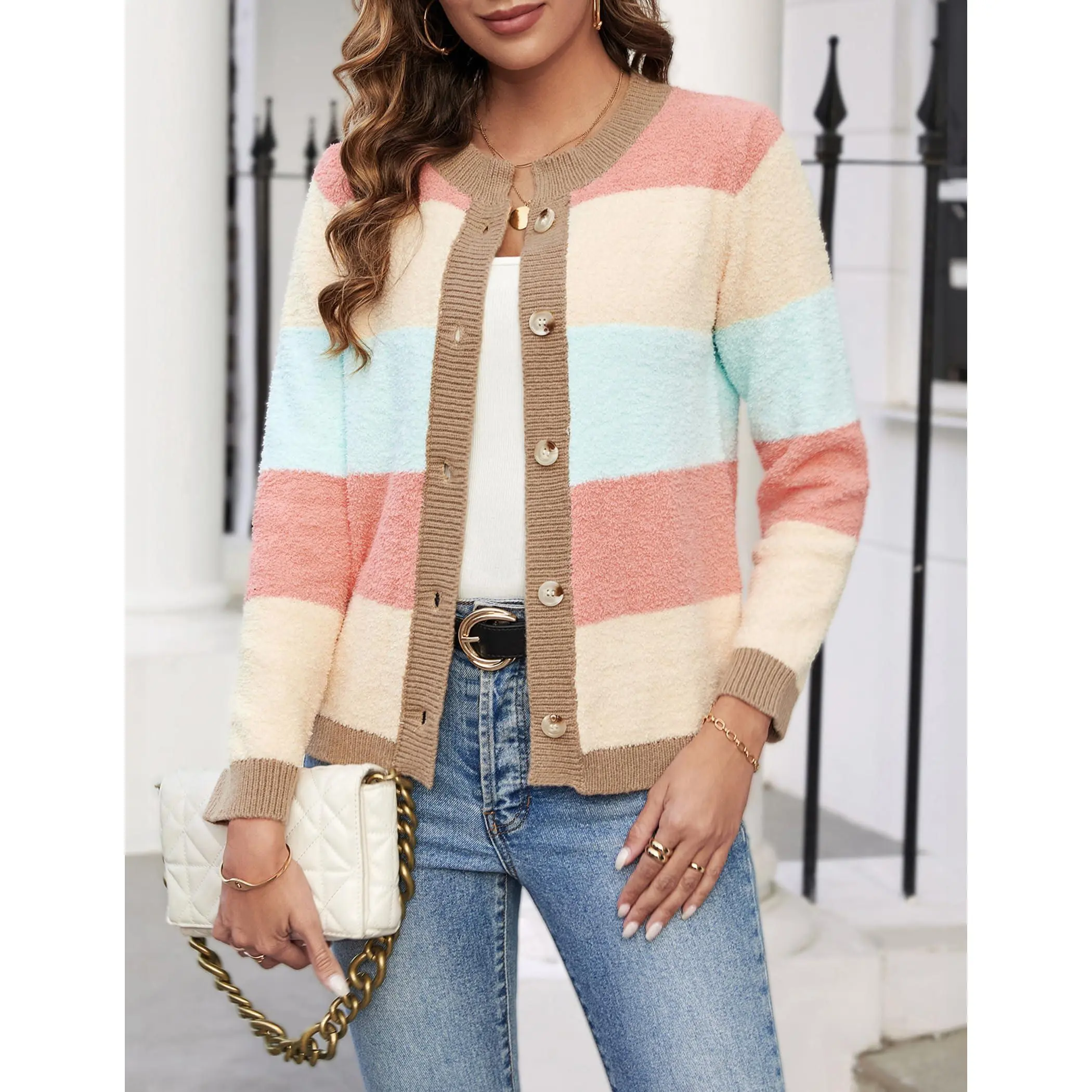 Women's Cute Color Block Button Fleece Cardigan Fall 2024 Casual Lightweight Fluffy Ribbed Knit Crewneck Sweater