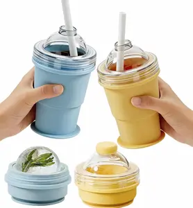 2-in-1 Collapsible Silicone Ice Ball Maker Cup, Reusable Portable Ice Sphere Mold with Straw & Lid, Easy Demolding, Leakproof Travel Tumbler for Coffee, Juice, Home, Gym, Outdoor