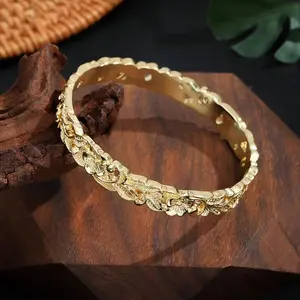 Brand 14K Gold Plated Floral Engraved Bangle Bracelet for Women - Vintage Leaf & Flower Embossed Cuff Bangle, Elegant Statement Jewelry Gift for Bridal, Wedding, Anniversary