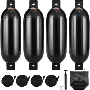 VEVOR Boat Fenders, 8.5" x 26" Boat Bumpers for Docking, Inflatable Ribbed Fender with Center Holes, Marine Boat Dock Fender Bumper with Air Pump, 4 Needles and 4 Ropes and Storage Bag, BlackSummervibes