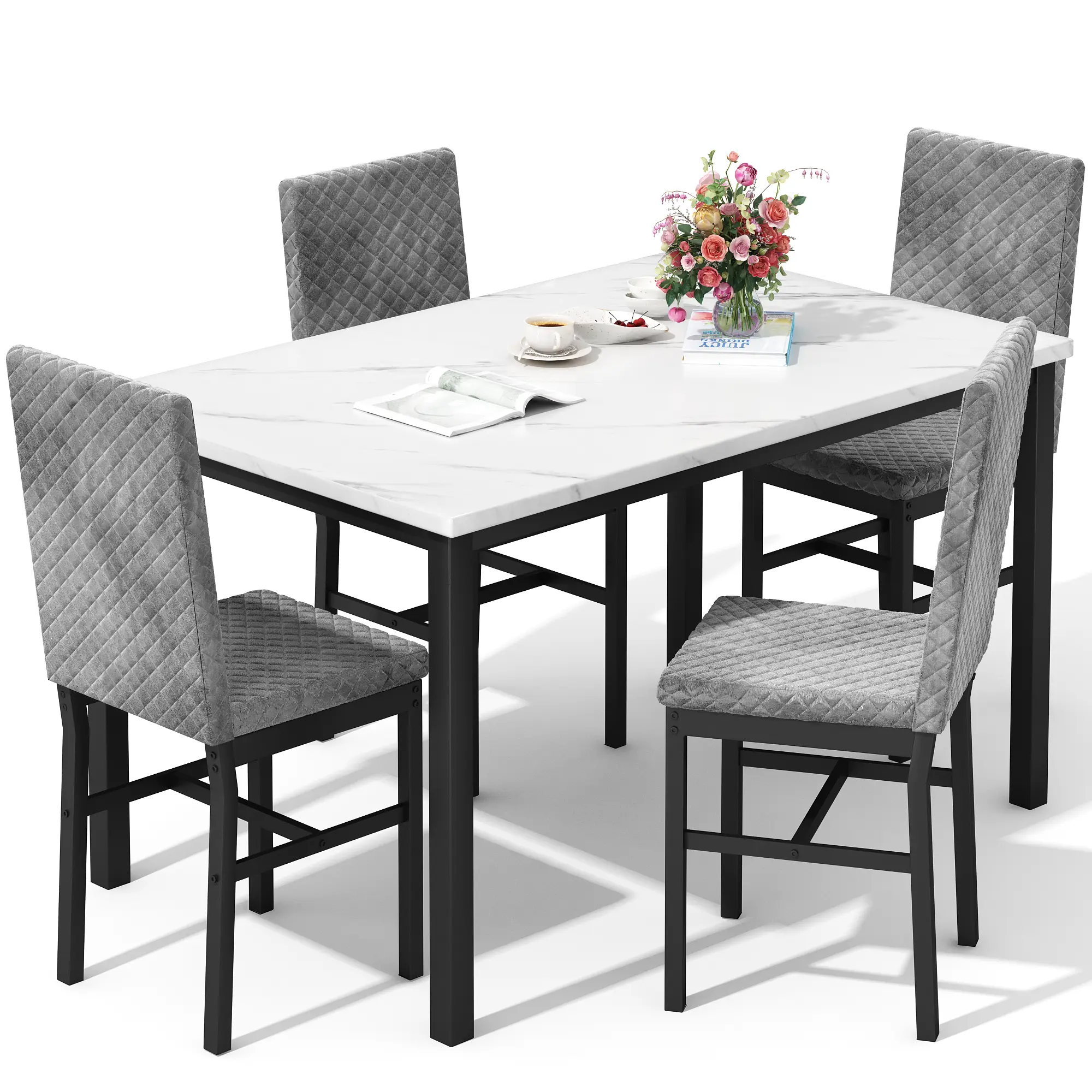 DKLGG Dining Table Set for 4, Faux Marble Kitchen Table with Velvet Upholstered Dinner Chairs, Small Dining Room Sets for Small Space Apartment Home