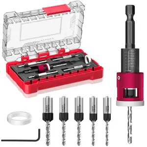 5- Countersink Drill Bit Set with Adjustable Depth Stop, 1/4" Hex Shank Quick Change Drilling Tool Kit, 82? Woodworking Chamfer Bits for , Plywood, MDF, Plastic