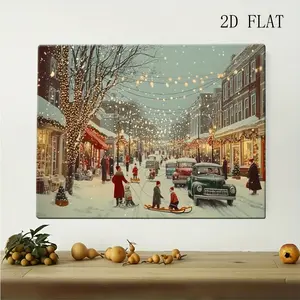 2D Flat Decorative Painting, 1 Piece Winter Town Canvas Wall Art--Nostalgic Snow Scene with Frame, High-Definition Printing, Ready to Hang, Suitable for Cozy Winter and Christmas Theme Decoration in the Living Room, Modern Style, 2D Flat Design