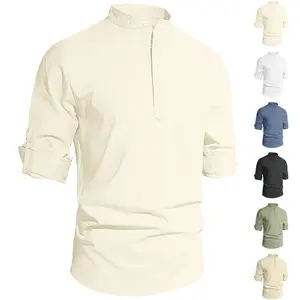 New shirt: men’s solid-color stand collar long-sleeve cotton-linen shirt—casual, stylish, loose fit, versatile