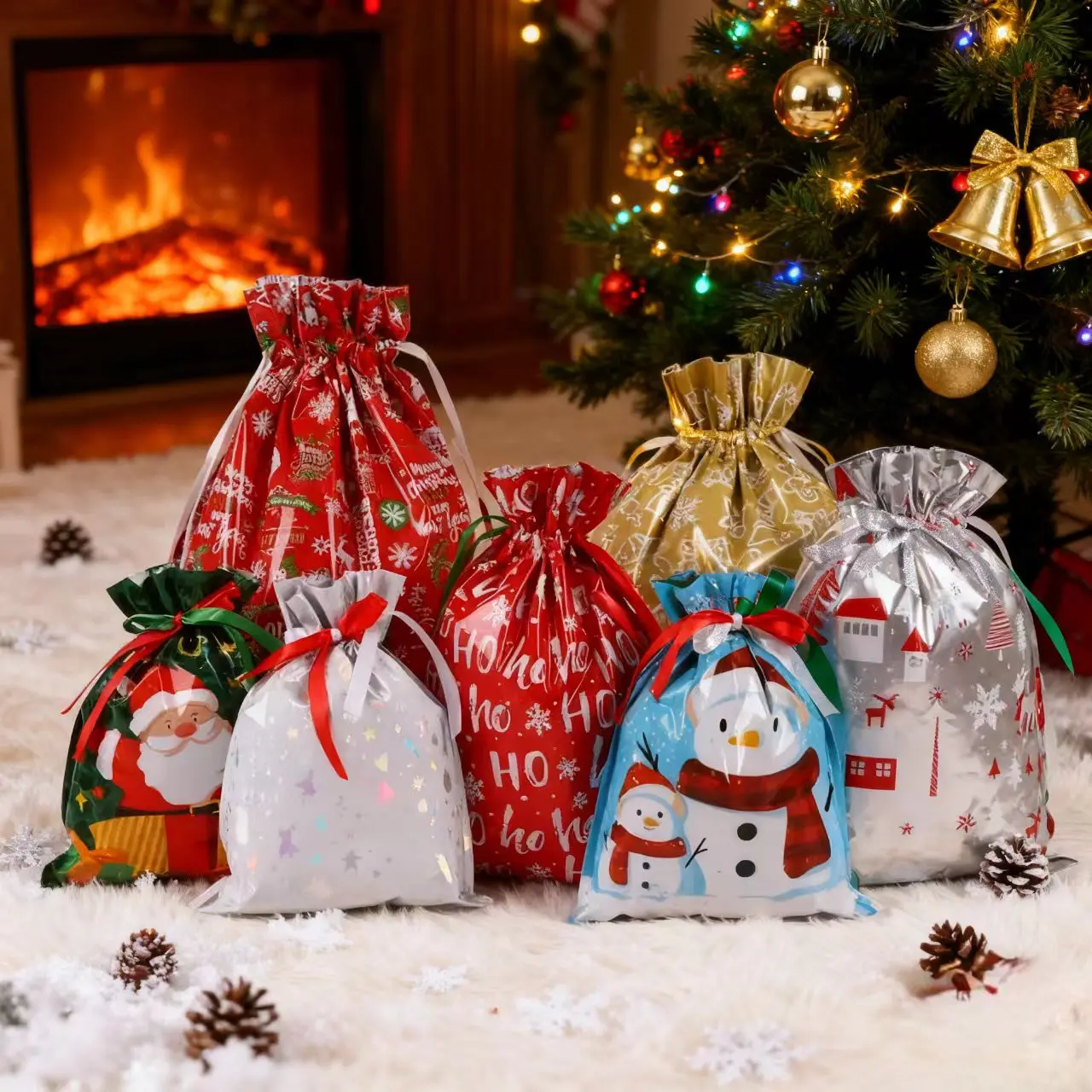Christmas Gift Bags + Greeting Card Set (21pc/30pc), Reusable Ribbon Sealed Plastic Bags, Holiday Snowman Pattern, Party Crafts