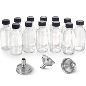 12 Pack, 2 oz Small Clear Glass Bottles with Lids & 3 Stainless Steel Funnels - 60ml Boston Sample Mini Travel Essential Bottles for Potion, Juice, Wellness, Ginger Shots, Beverage Dec