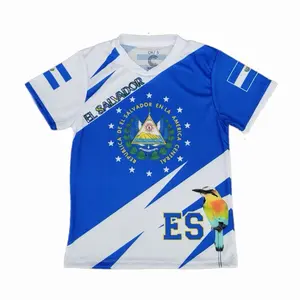 White & Blue El Salvador Soccer Jersey with Emblem and ES Logo for Sports Fans Slim-Fitting Design Ideal for Events